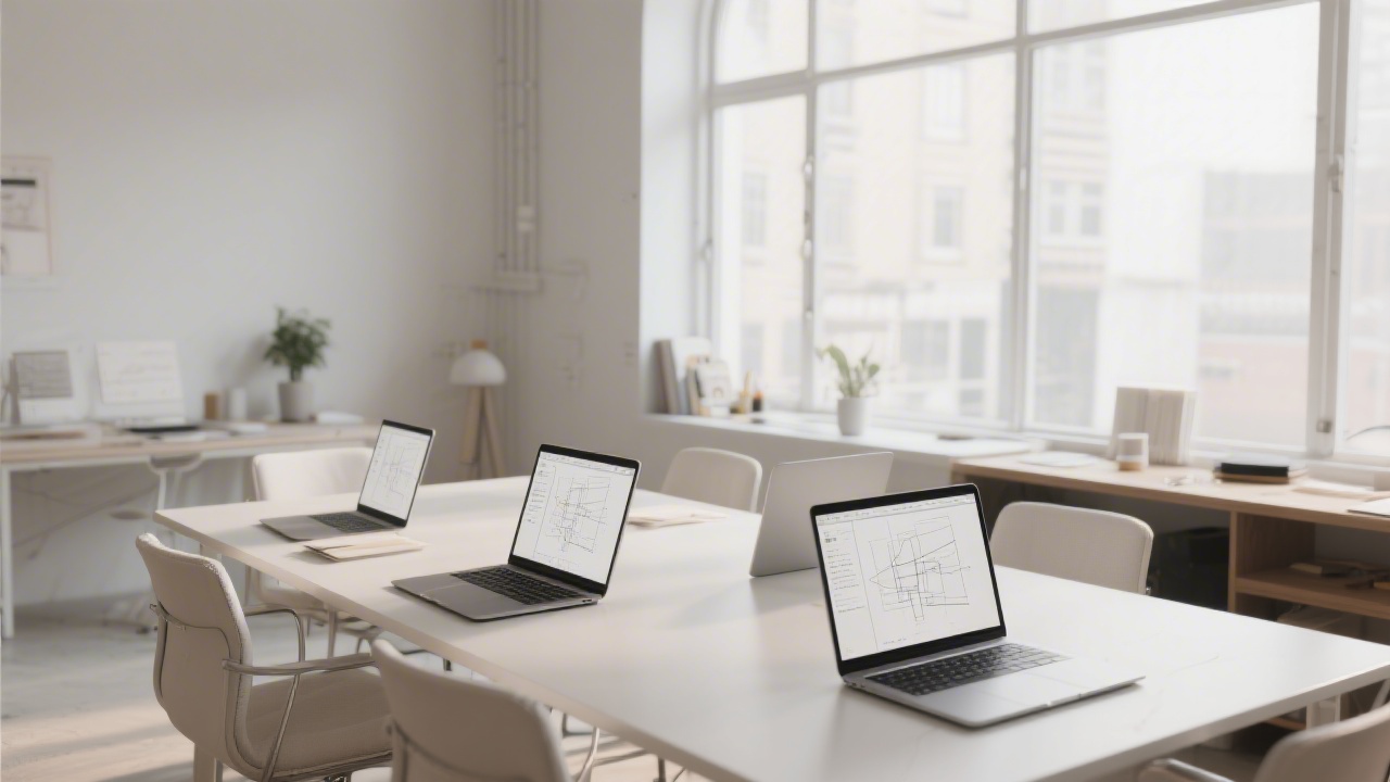 Minimalist design studio interior with large windows, a clean meeting table, laptops open to wireframes, and a calm neutral color palette.