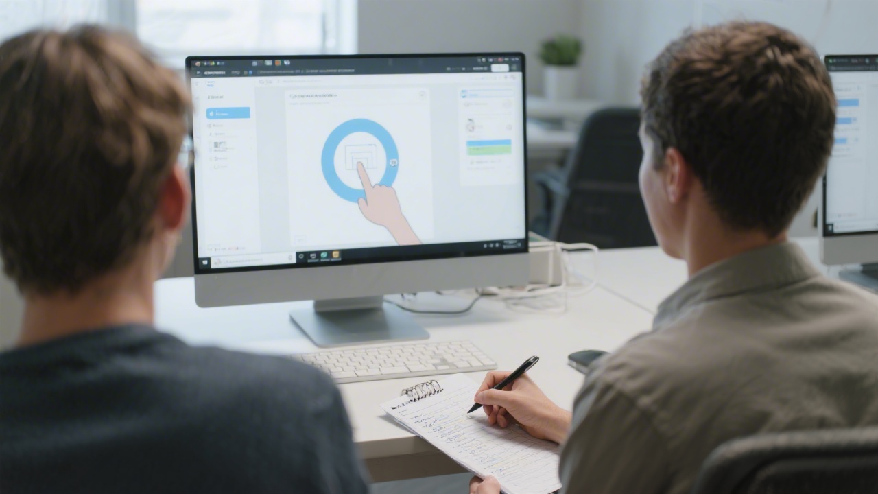 Researcher observing a usability test, taking structured notes while a participant clicks through a prototype on a desktop screen.