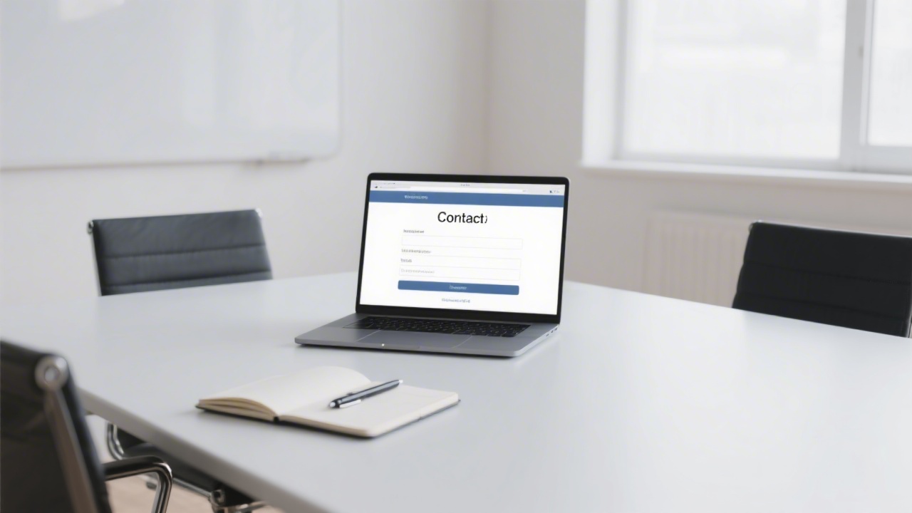 Minimalist office meeting room with a notebook, pen, and a laptop showing a clean contact form on screen.
