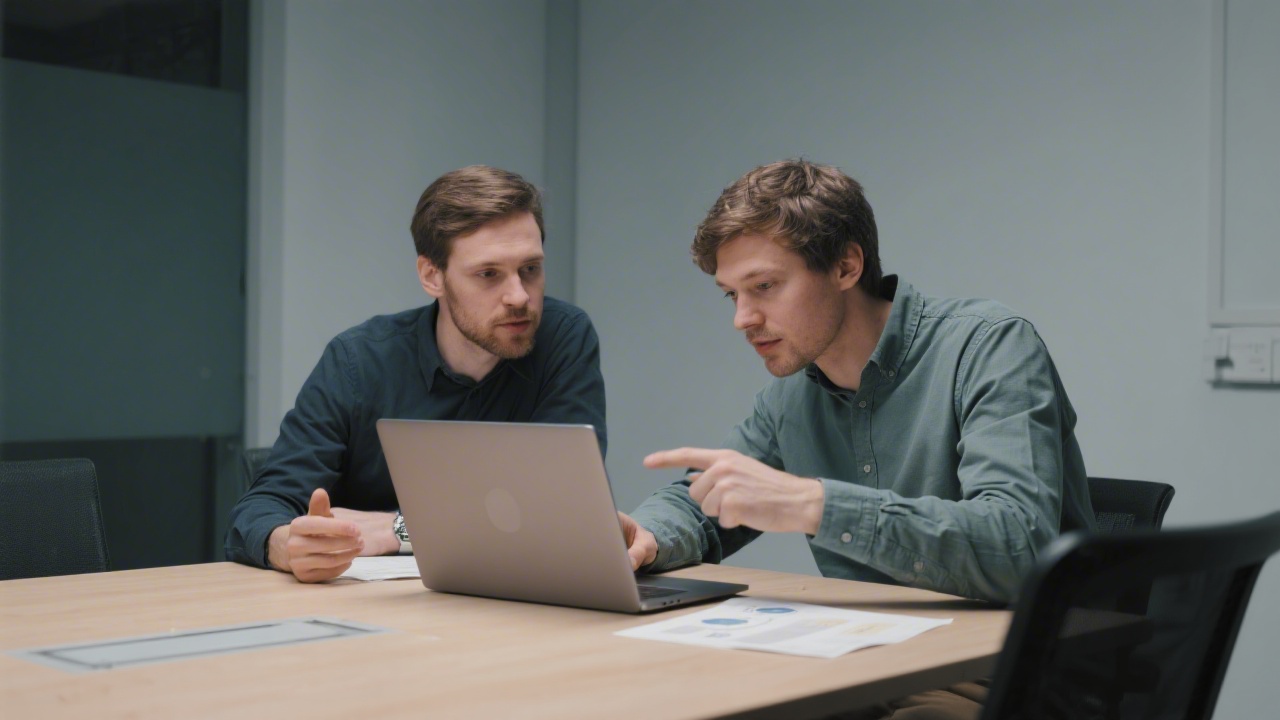 Product manager and developer reviewing a prototype together on a laptop, discussing implementation details in a quiet meeting room.