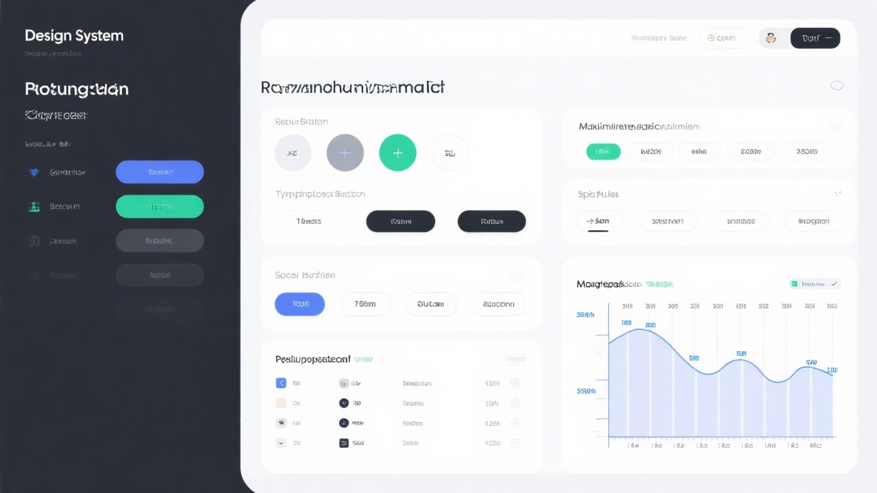 Design system page showing reusable buttons, typography scales, and spacing rules in a neat, organized layout.